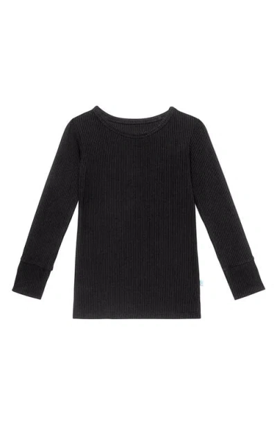 Posh Peanut Long Sleeve Rib Fitted Two-piece Pajamas In Black