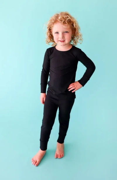 Posh Peanut Long Sleeve Rib Fitted Two-piece Pajamas In Black