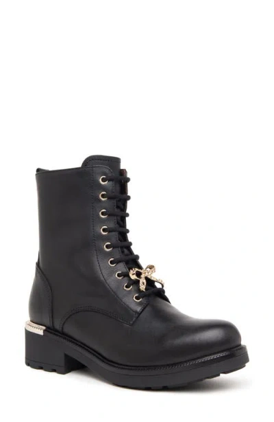 Nerogiardini Gems Leather Bow Combat Booties In Black