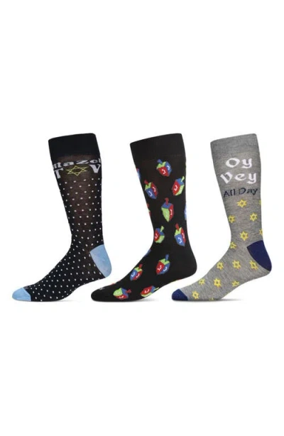 Memoi Assorted 3-pack Hannukah Crew Socks In Grey