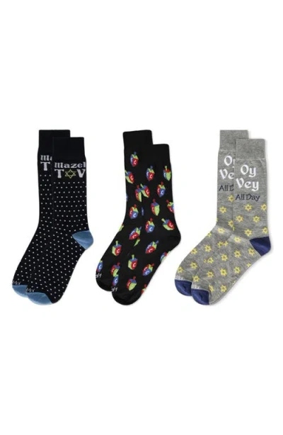 Memoi Assorted 3-pack Hannukah Crew Socks In Grey
