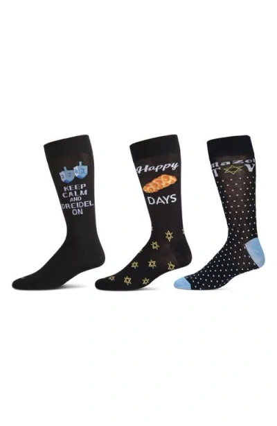 Memoi Assorted 3-pack Hannukah Crew Socks In Black