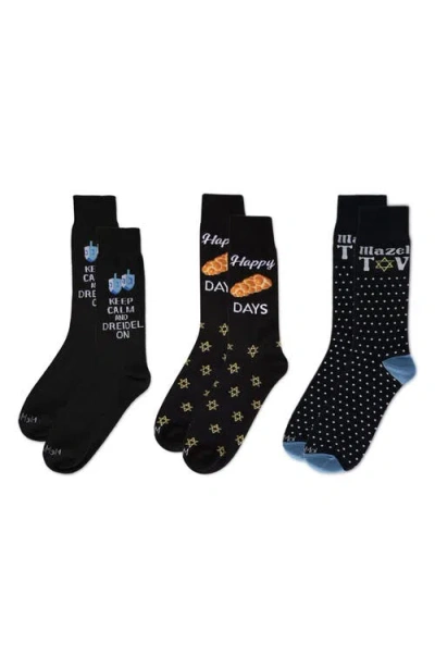 Memoi Assorted 3-pack Hannukah Crew Socks In Black