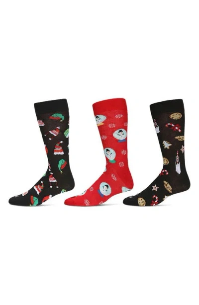 Memoi Assorted 3-pack Christmas Socks In Black/red