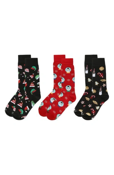 Memoi Assorted 3-pack Christmas Socks In Black/red