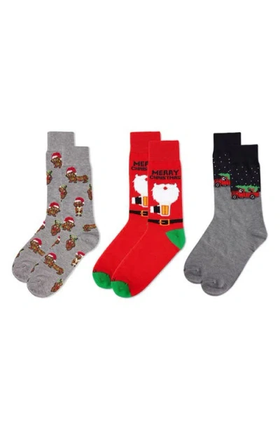 Memoi Assorted 3-pack Christmas Socks In Grey/black