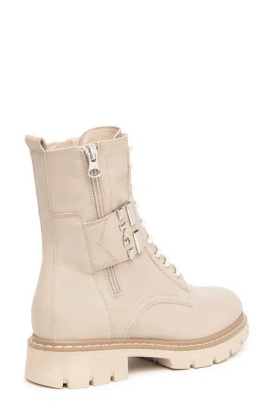 Nerogiardini Leather Logo Cuff Combat Booties In Beige/khaki