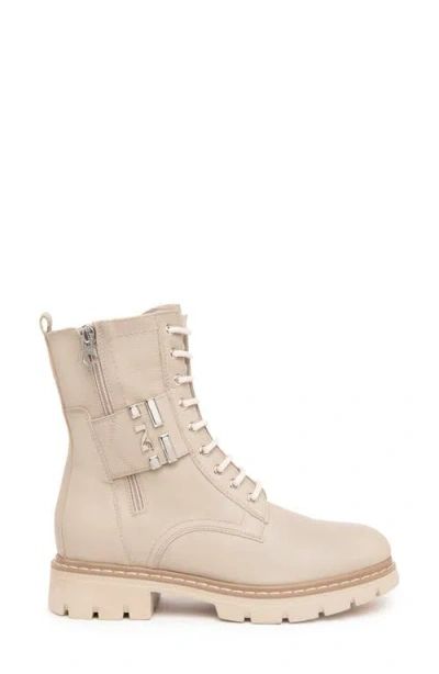 Nerogiardini Leather Logo Cuff Combat Booties In Beige/khaki