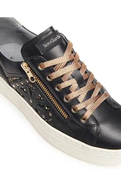 Nerogiardini Metallic Zip Cutout Glitter Sneakers In Black