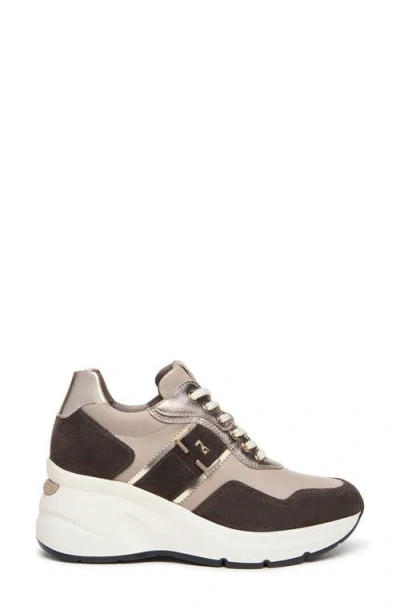 Nerogiardini Mixed Leather Wedge Fashion Sneakers In Brown