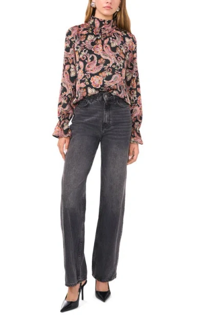1.state Paisley Print Open Back Mock Neck Top In Rich Black