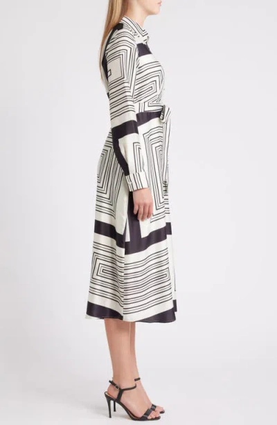 Shop Zoe And Claire Geo Print Long Sleeve Satin Midi Dress In Black/white