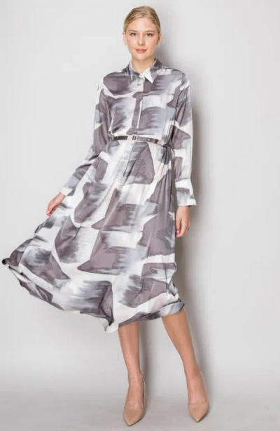 Shop Melloday Abstract Print Long Sleeve Belted Shirtdress In Grey Multi