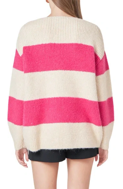 Shop Endless Rose Oversize Stripe Sweater In Beige/fuchsia