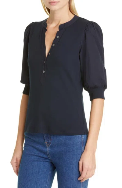 Veronica Beard Coralee Puff-sleeve Henley Sweater In Navy