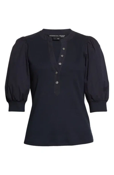 Veronica Beard Coralee Puff-sleeve Henley Sweater In Navy