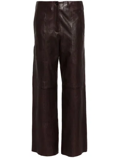 Shop Forte Forte Leather Straight-leg Trousers In Brown