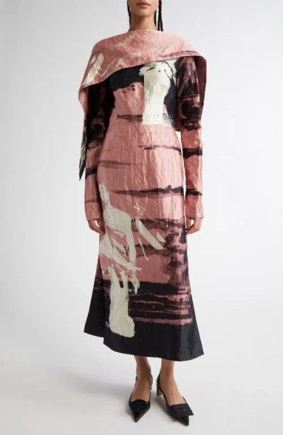 Shop Erdem Amneris Print Metallic Crinkle Satin Long Sleeve Midi Dress In Amneris Paint Ballet Pink