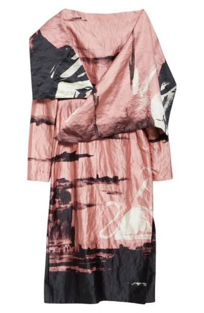 Shop Erdem Amneris Print Metallic Crinkle Satin Long Sleeve Midi Dress In Amneris Paint Ballet Pink