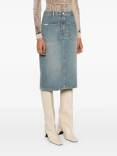 Courrèges Knee Length Pencil Skirt With Patch Pockets In Blue