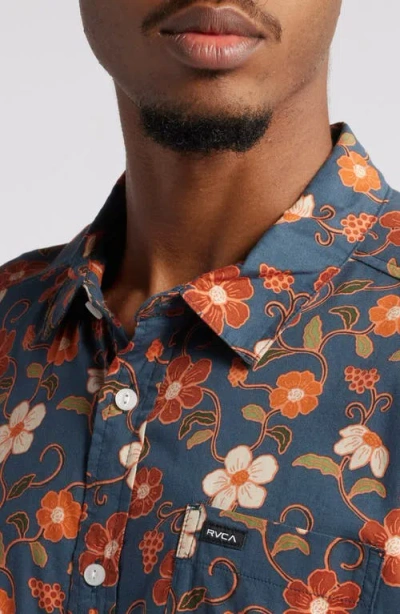 Rvca Anytime Short Sleeve Button-up Shirt In Duck Blue