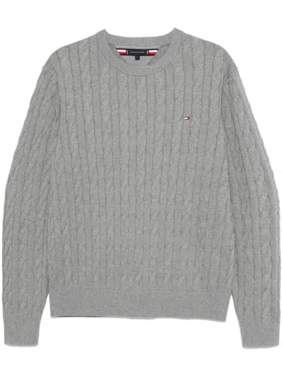 Shop Tommy Hilfiger Cable-knit Crew-neck Sweater In Grey