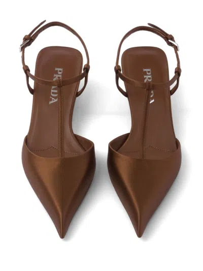 Prada Brown Satin Slingback Pumps In Brown