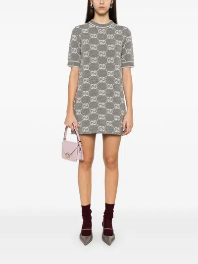 Shop Gucci Gg-jacquard Mini Dress In Grey