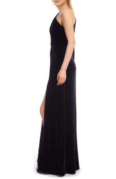 Jewel Badgley Mischka One-shoulder Puff Sleeve Velvet Gown In Black