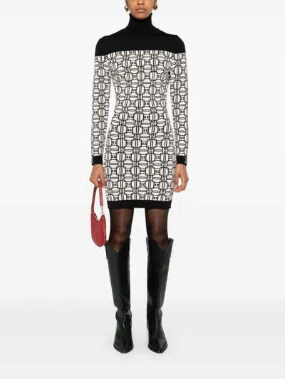 Elisabetta Franchi Jacquard-logo Turtleneck Mini Dress In Neutrals