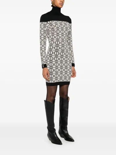 Elisabetta Franchi Jacquard-logo Turtleneck Mini Dress In Neutrals