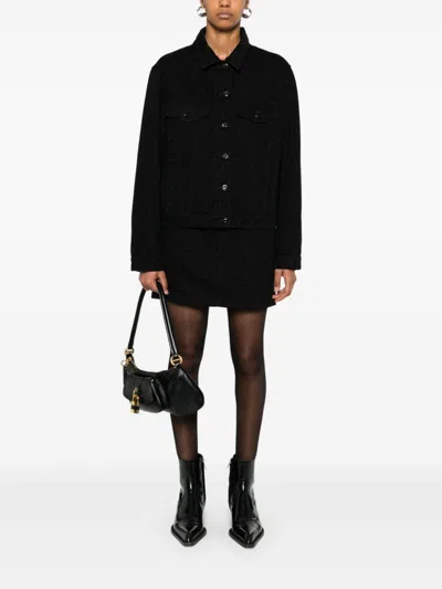 Fendi Denim Skirt With All-over Ff Motif In Black