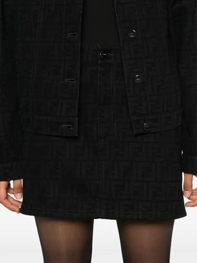 Fendi Denim Skirt With All-over Ff Motif In Black