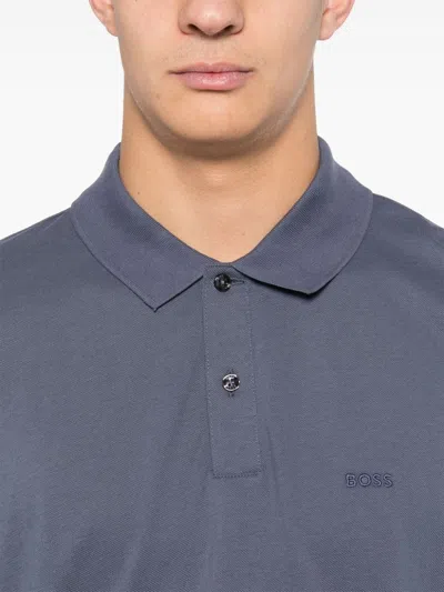 Hugo Boss Embroidered Logo Cotton Polo Shirt In Blue