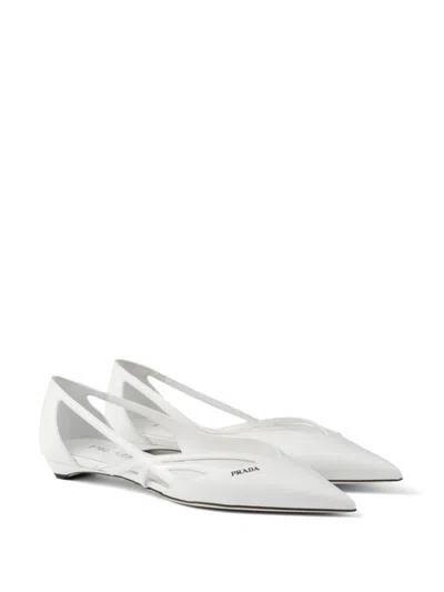 Prada Pointed Toe Cut-out Ballerina Shoes In White