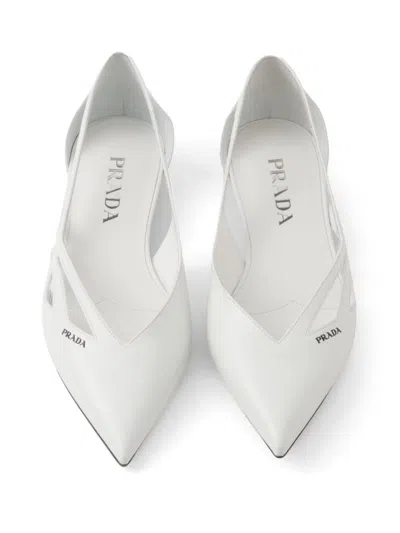 Prada Pointed Toe Cut-out Ballerina Shoes In White