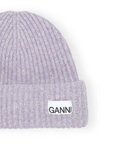 Ganni Logo-patch Ribbed Knit Beanie In Purple