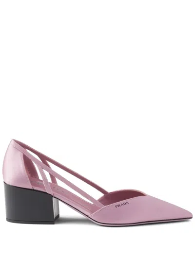 Prada Satin Finish Low Block Heel Pumps In Pink
