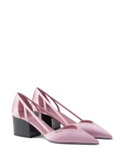 Prada Satin Finish Low Block Heel Pumps In Pink