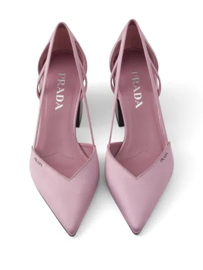 Prada Satin Finish Low Block Heel Pumps In Pink
