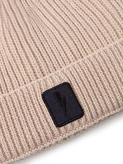 Neil Barrett Solid Color Ribbed Beanie With Contrasting Detail In Neutrals