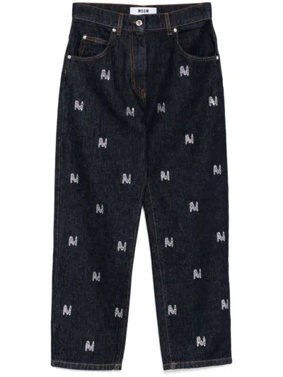 Msgm Rhinestone-logo Wide-leg Jeans In Blue