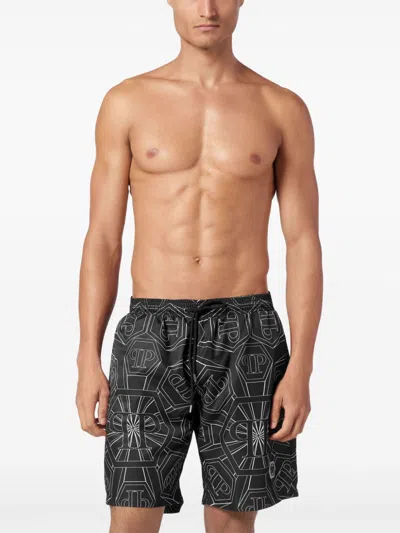 Shop Philipp Plein Monogram-print Swim Shorts In Black