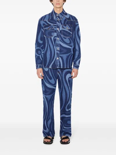 Pucci Marmo-print Denim Shirt In Blue