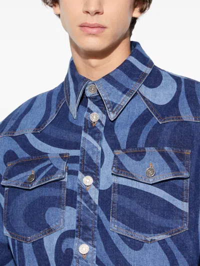 Pucci Marmo-print Denim Shirt In Blue