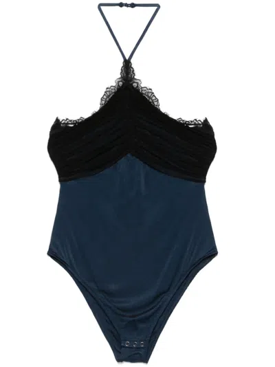 Shop Christopher Esber Tulle-overlay Ribbed Bodysuit In Blue