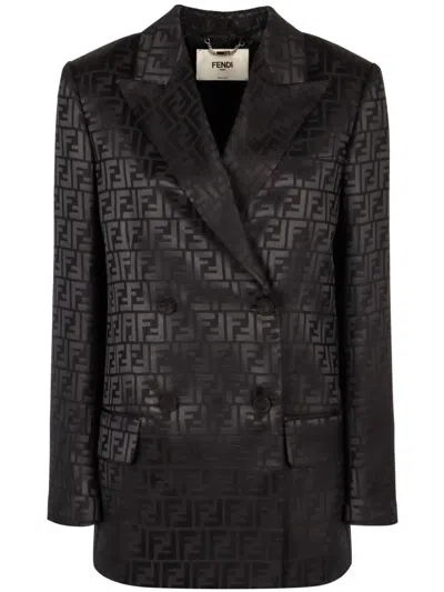Fendi Logo Jacquard Double-breasted Crepe Blazer In Black