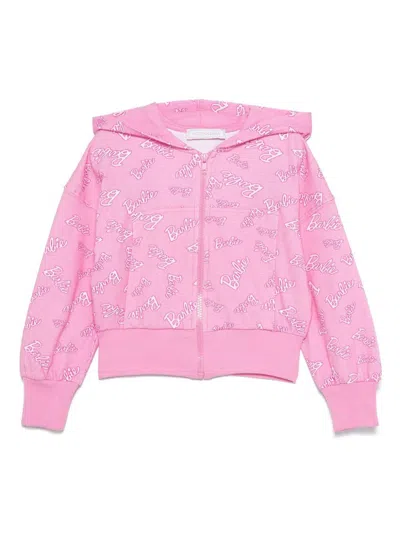 Monnalisa Pink Crop Sweatshirt For Girl With Barbie Printed In Pink
