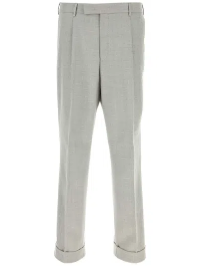 Pt Torino Wool Trousers With Pleated Front And Cuffed Hem In Grey