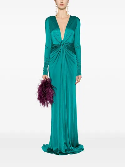 Roberto Cavalli Plunging Concealedv-neck Gown In 04503 Green Pavone